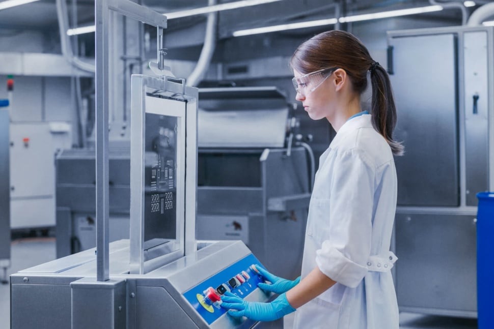 Eine Arbeiterin in einem Labor steht vor einem Gerät für Laser-analyse